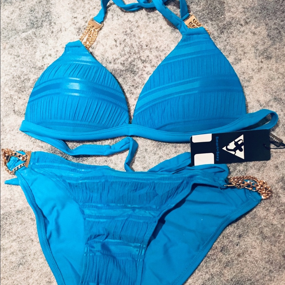 Blue Padded Bikini Swimsuit with Gold Metal Size L